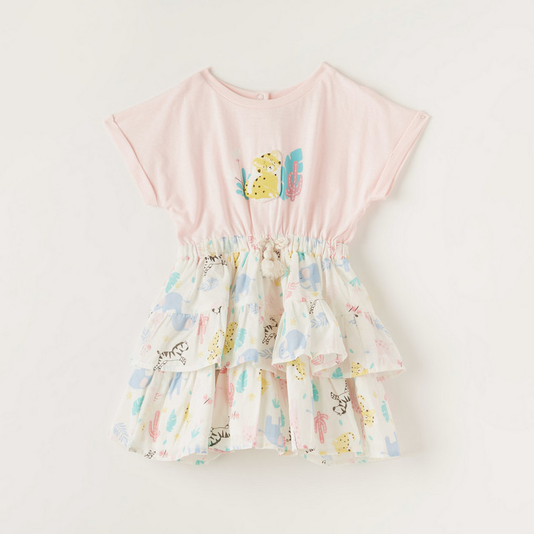 Juniors Printed Short Sleeve Dress with Ruffle Detail