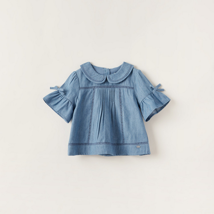 Giggles Solid Blouse with Short Sleeves and Bow Applique