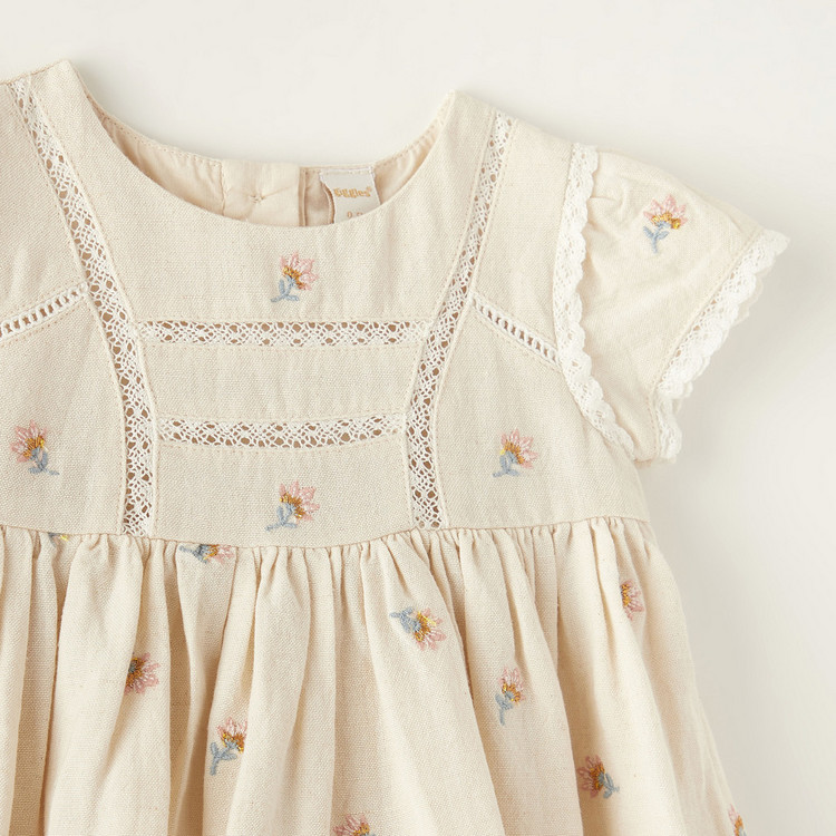 Giggles Embroidered Dress with Lace Detail and Button Closure