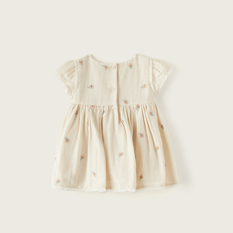 Giggles Embroidered Dress with Lace Detail and Button Closure