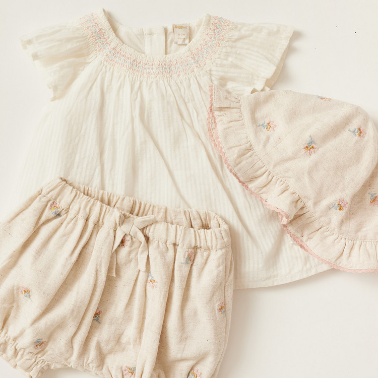 Giggles 3-Piece Embroidered Top and Shorts Set
