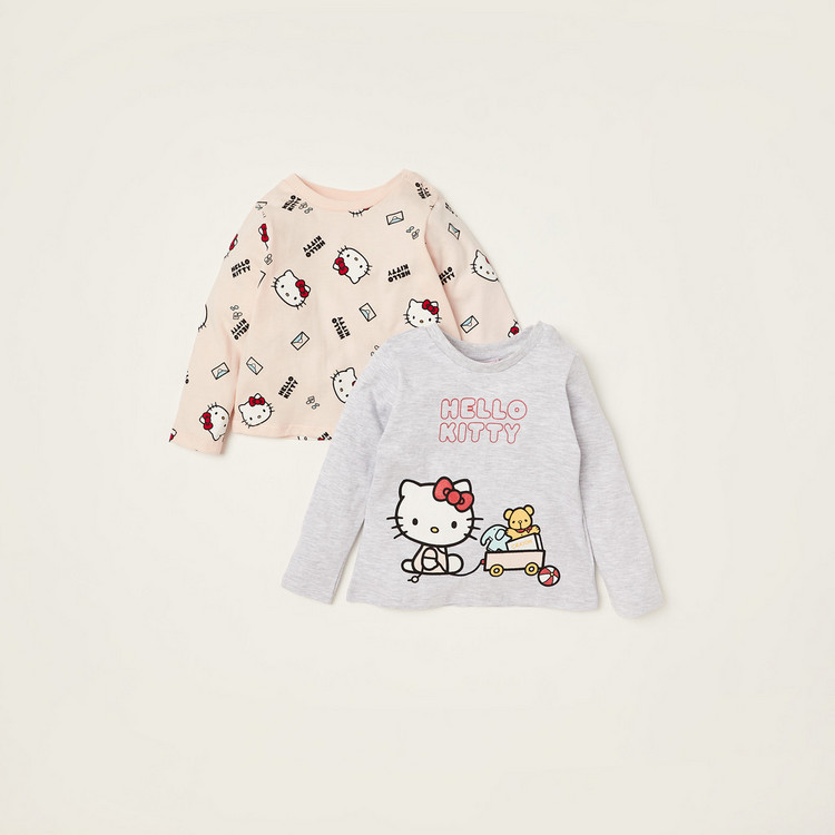 Sanrio Hello Kitty Print Crew Neck T-shirt with Long Sleeves - Set of 2