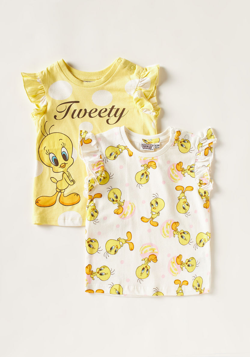 Tweety Print Crew Neck T-shirt with Ruffled Sleeves - Set of 2-T Shirts-image-0