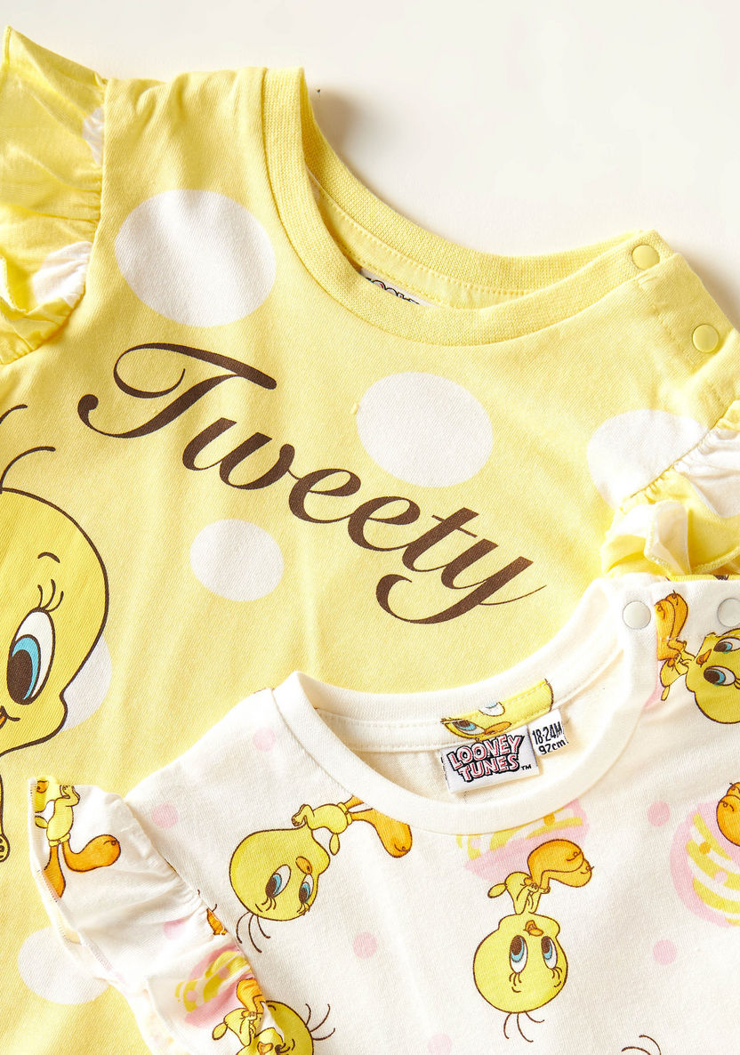 Tweety Print Crew Neck T-shirt with Ruffled Sleeves - Set of 2-T Shirts-image-1