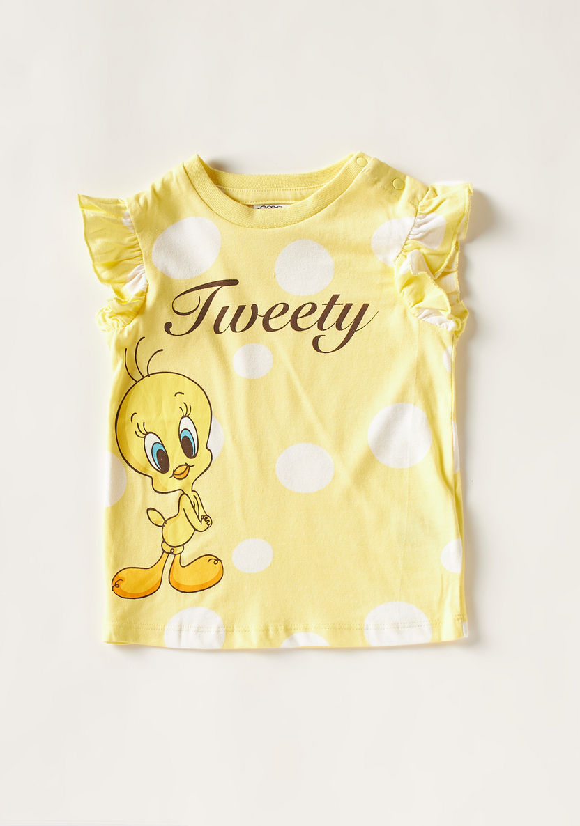 Tweety Print Crew Neck T-shirt with Ruffled Sleeves - Set of 2-T Shirts-image-2