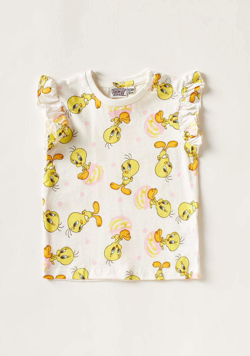 Tweety Print Crew Neck T-shirt with Ruffled Sleeves - Set of 2-T Shirts-image-3