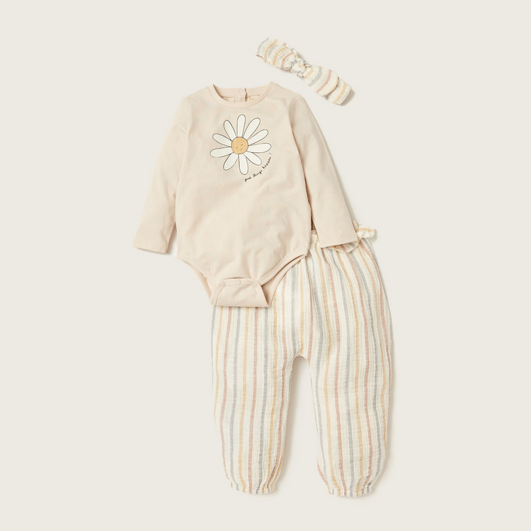 Giggles Printed Romper with Striped Pant and Headband Set