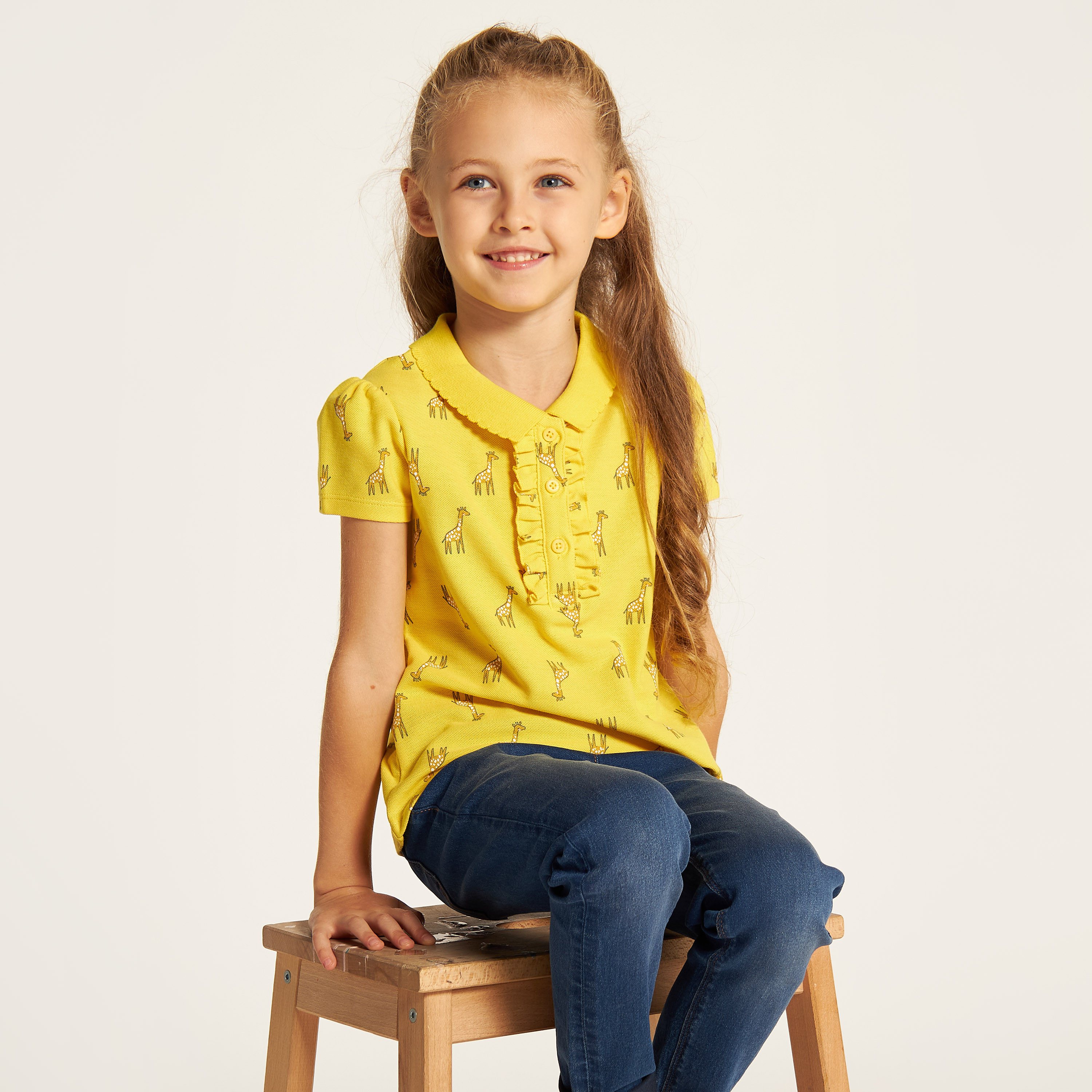 Juniors Giraffe Print Polo T-shirt with Ruffles and Short Sleeves-girls-clothing-tshirts-image-1