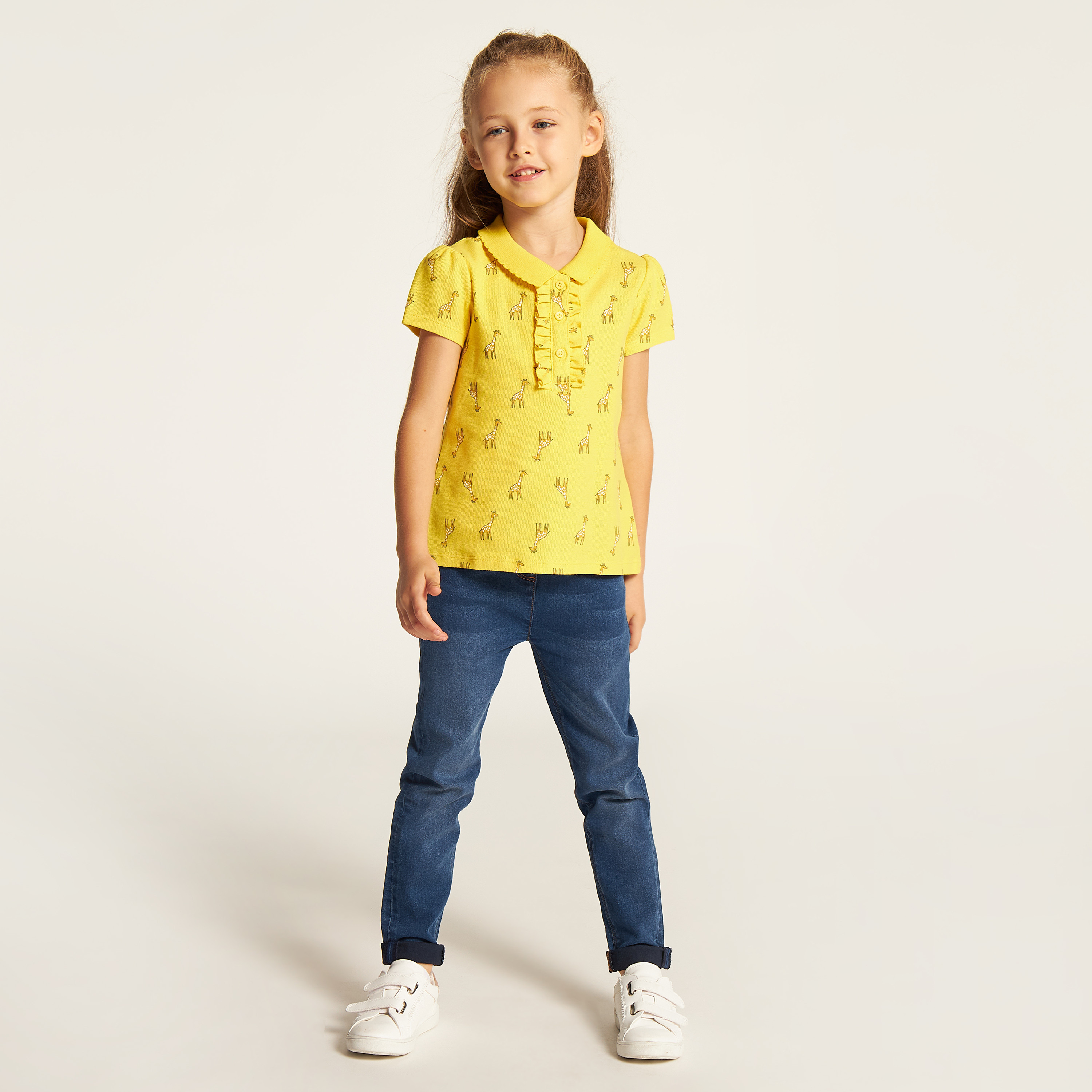Juniors Giraffe Print Polo T-shirt with Ruffles and Short Sleeves-girls-clothing-tshirts-image-2