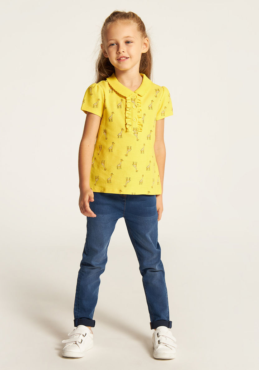 Juniors Giraffe Print Polo T-shirt with Ruffles and Short Sleeves-T Shirts-image-1