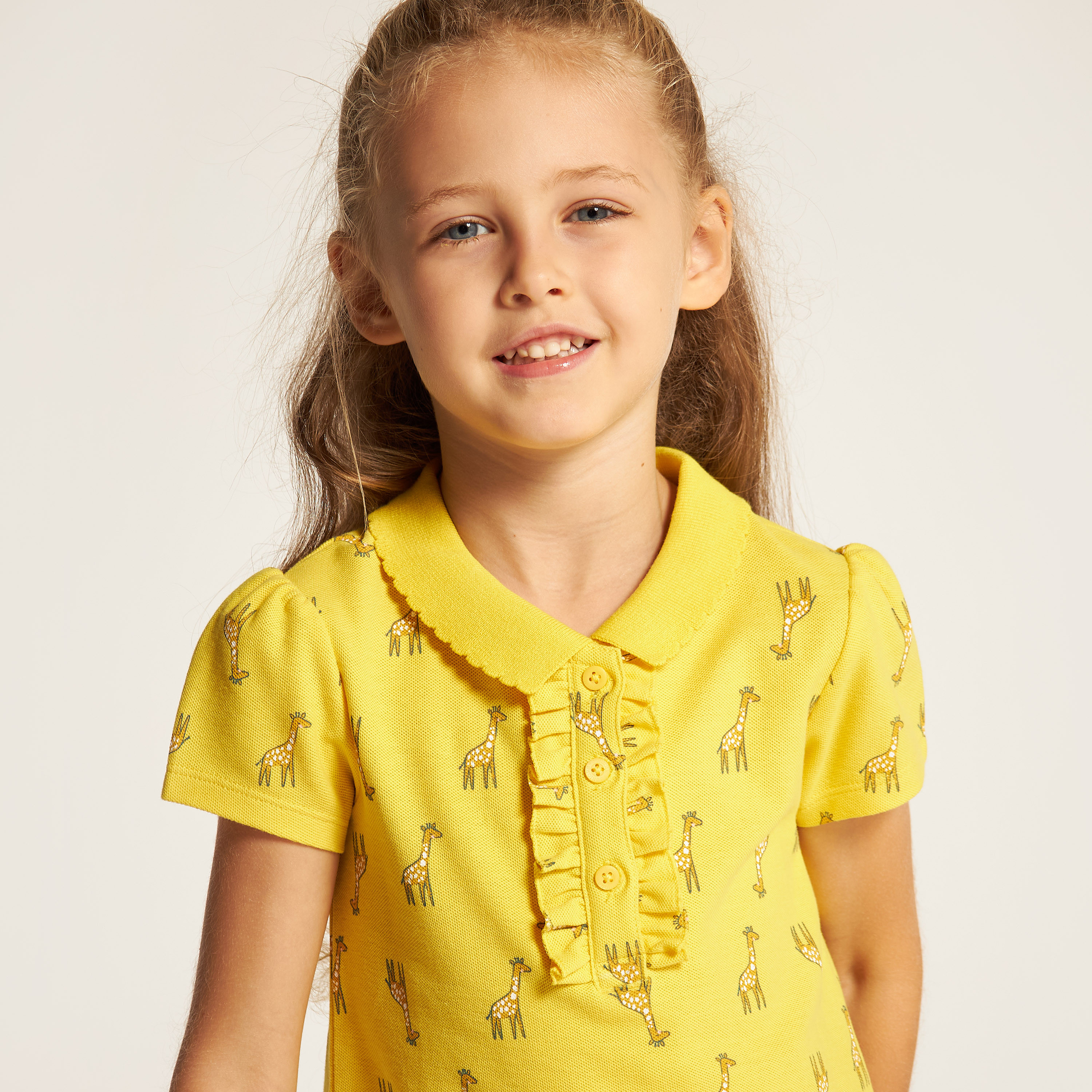 Juniors Giraffe Print Polo T-shirt with Ruffles and Short Sleeves-girls-clothing-tshirts-image-3