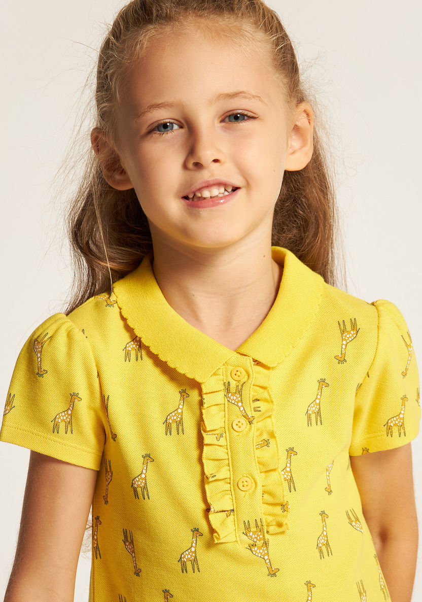 Juniors Giraffe Print Polo T-shirt with Ruffles and Short Sleeves-T Shirts-image-2