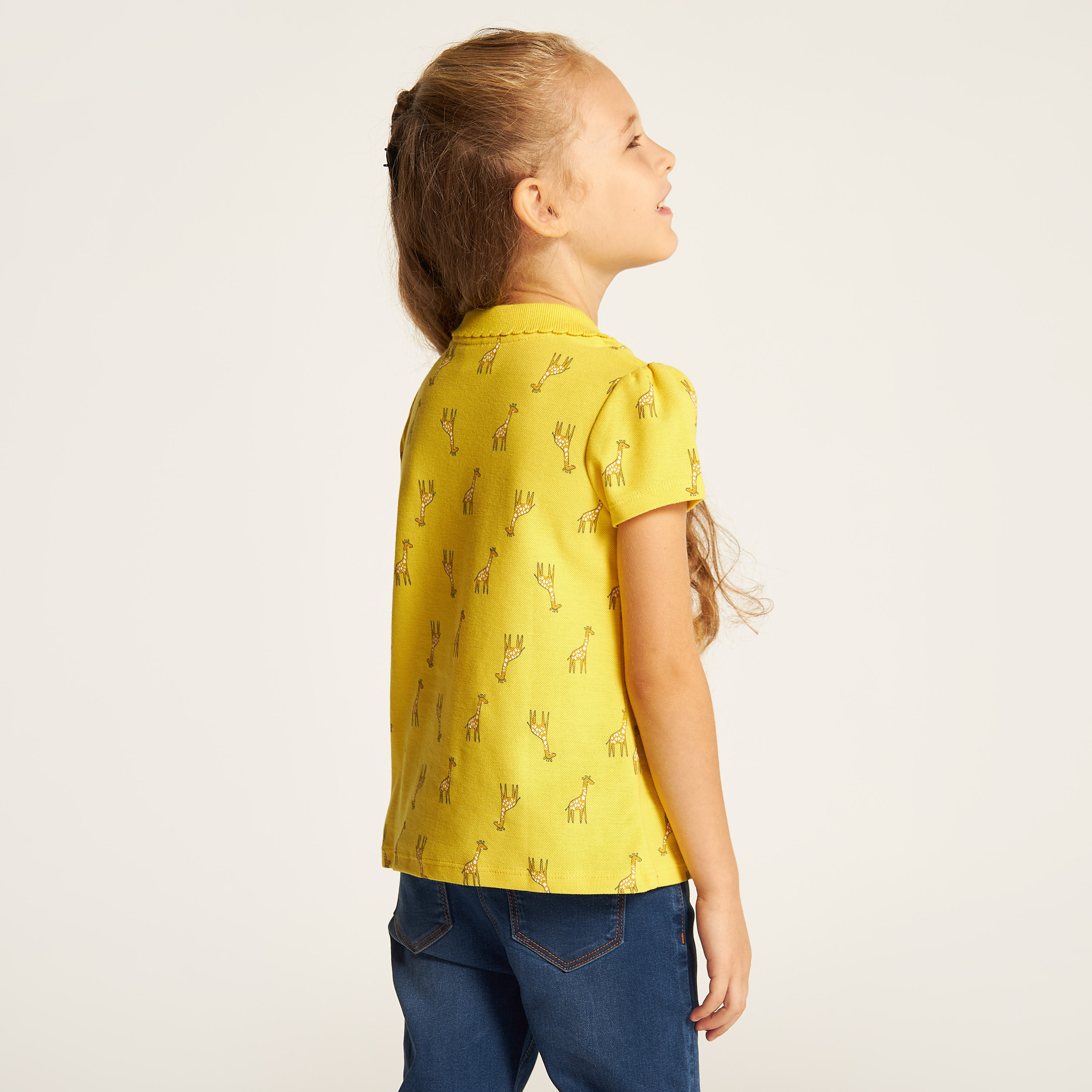 Juniors Giraffe Print Polo T-shirt with Ruffles and Short Sleeves-girls-clothing-tshirts-image-4