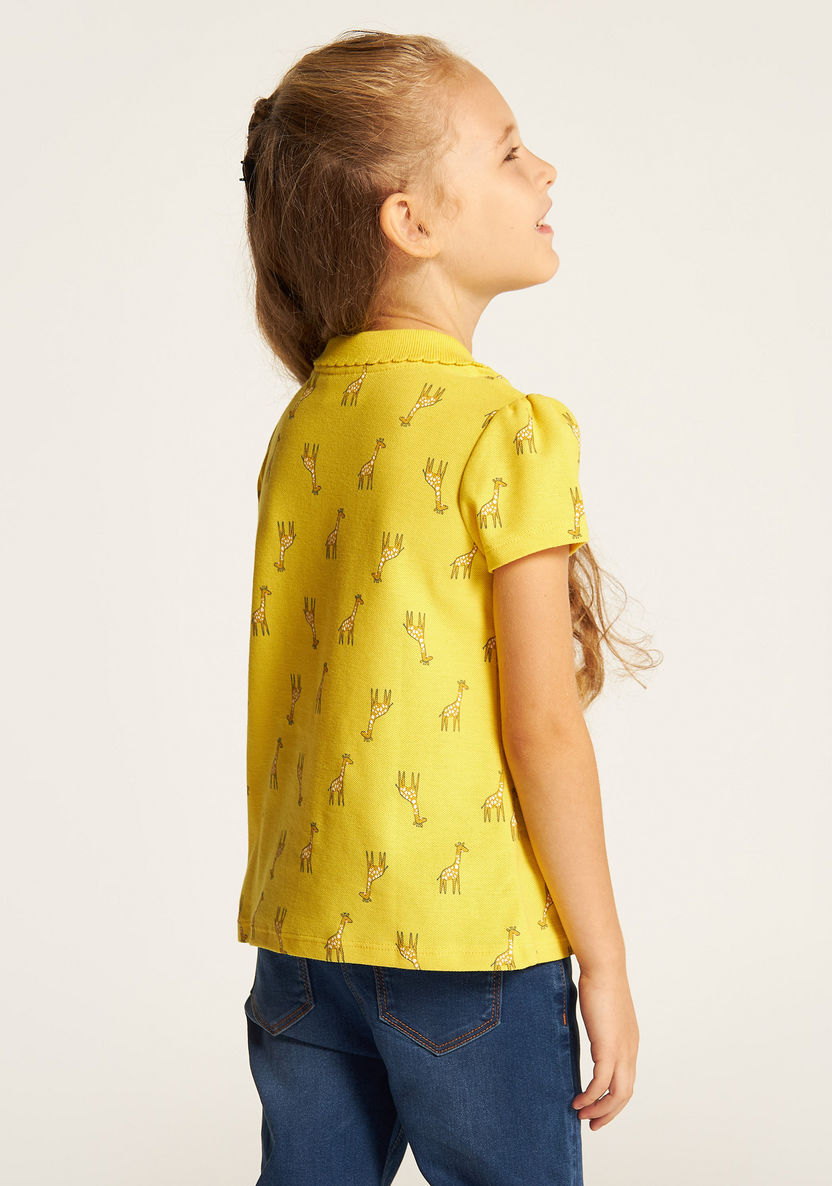 Juniors Giraffe Print Polo T-shirt with Ruffles and Short Sleeves-T Shirts-image-3