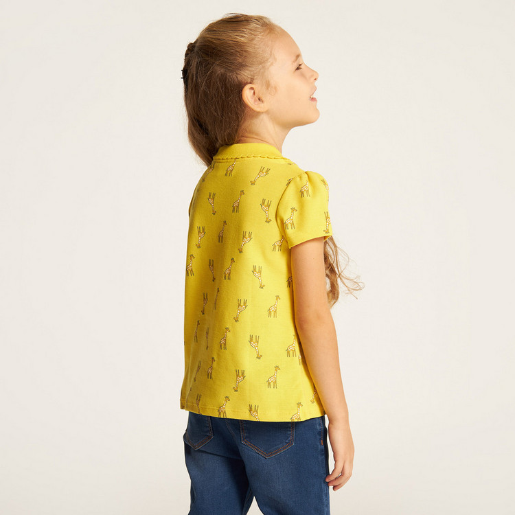 Juniors Giraffe Print Polo T-shirt with Ruffles and Short Sleeves
