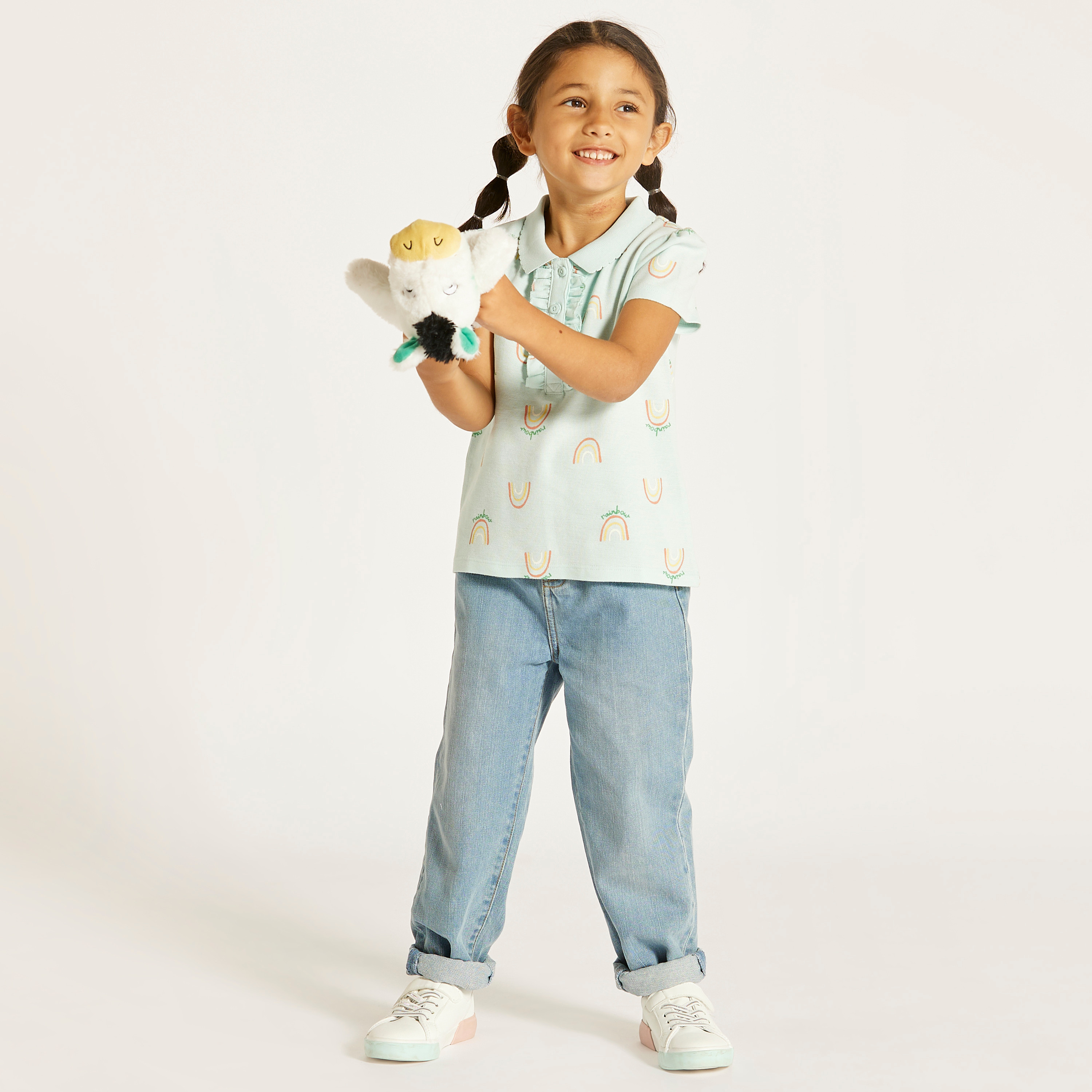 Juniors Printed Polo T-shirt with Short Sleeves and Button Closure-girls-clothing-tshirts-image-1