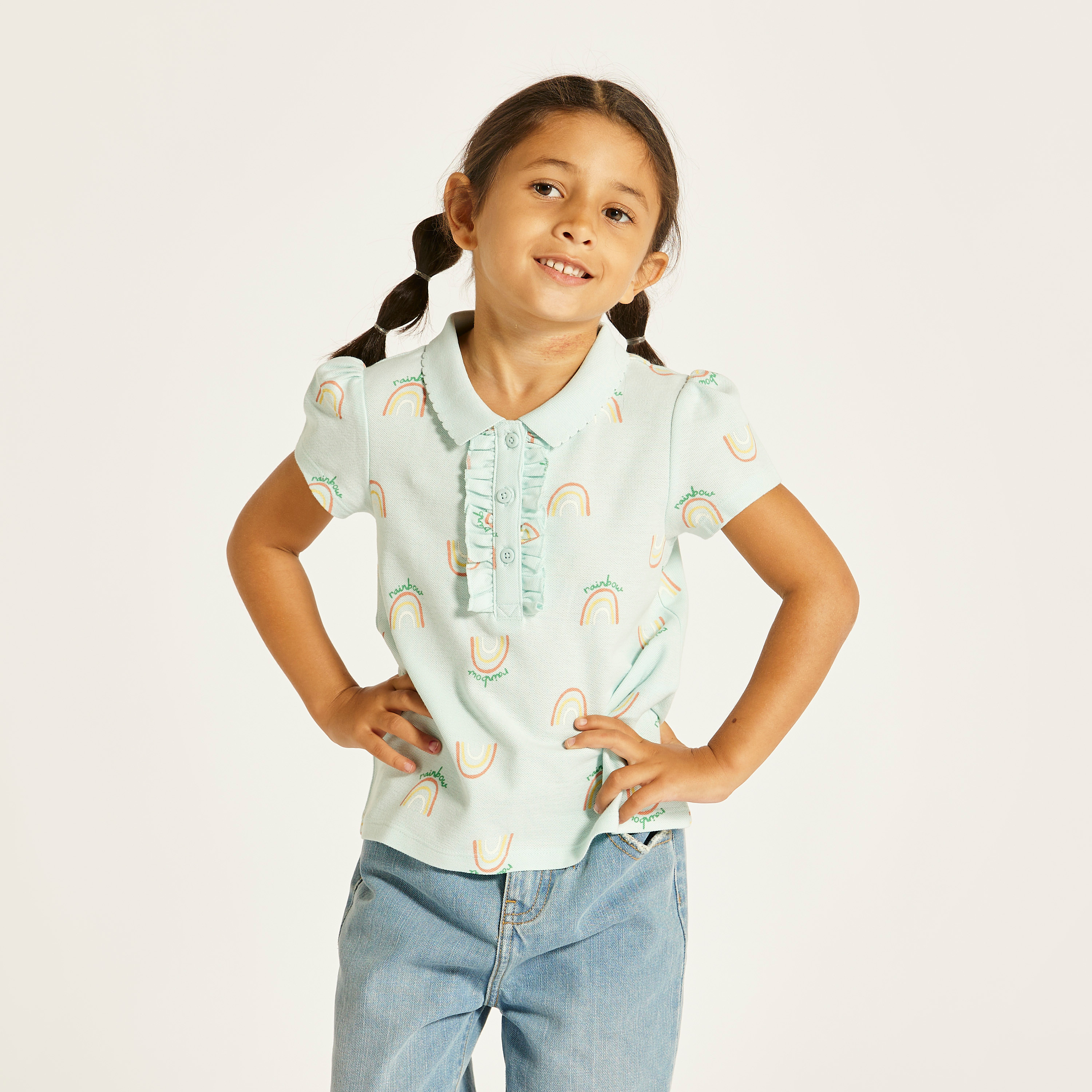 Juniors Printed Polo T-shirt with Short Sleeves and Button Closure-girls-clothing-tshirts-image-2
