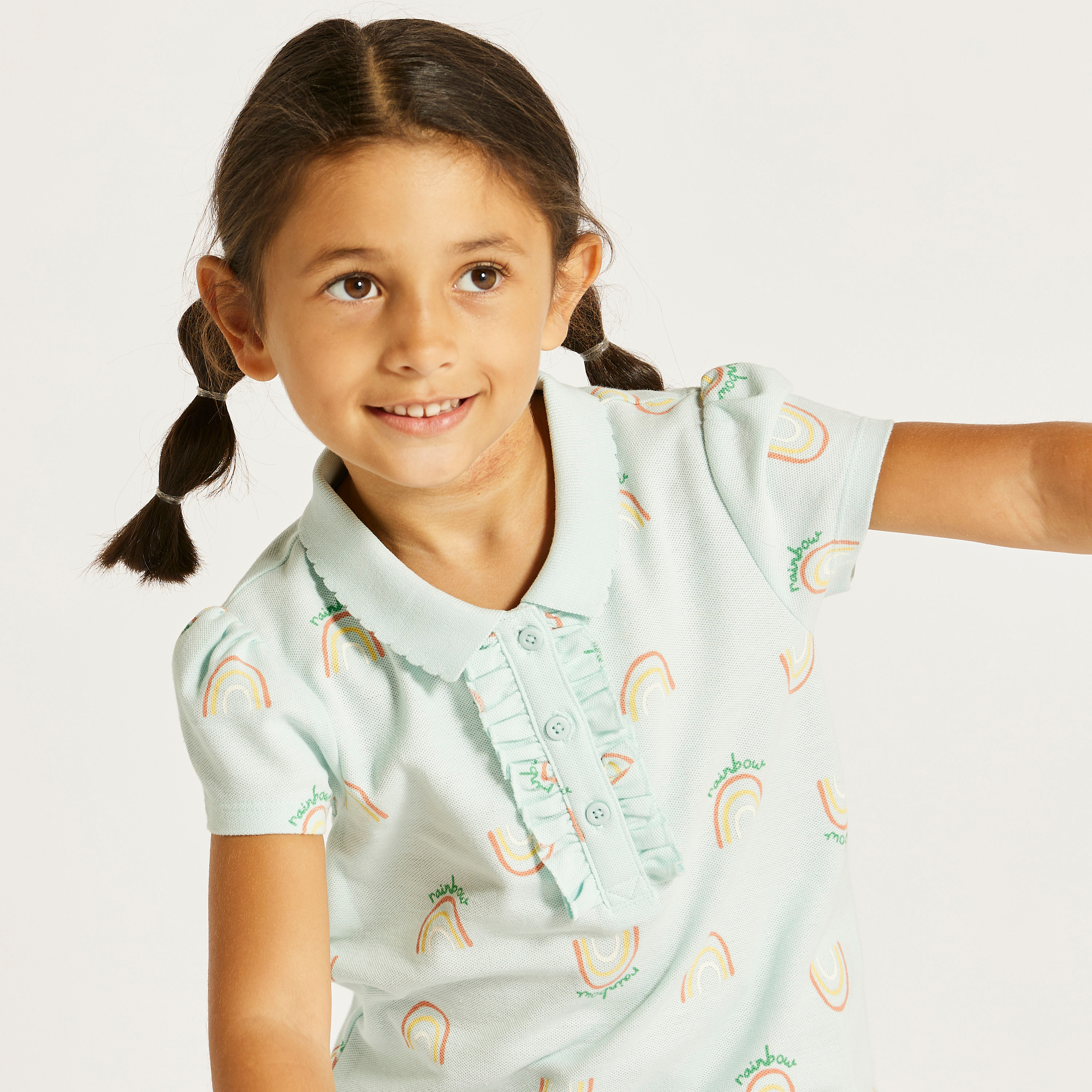 Juniors Printed Polo T-shirt with Short Sleeves and Button Closure-girls-clothing-tshirts-image-3