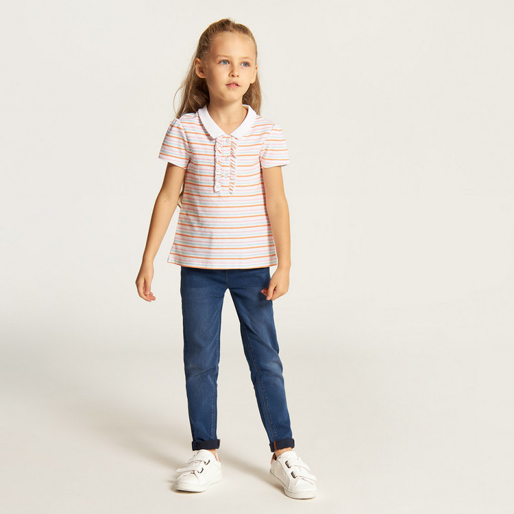 Juniors Striped Polo T-shirt with Ruffles and Short Sleeves