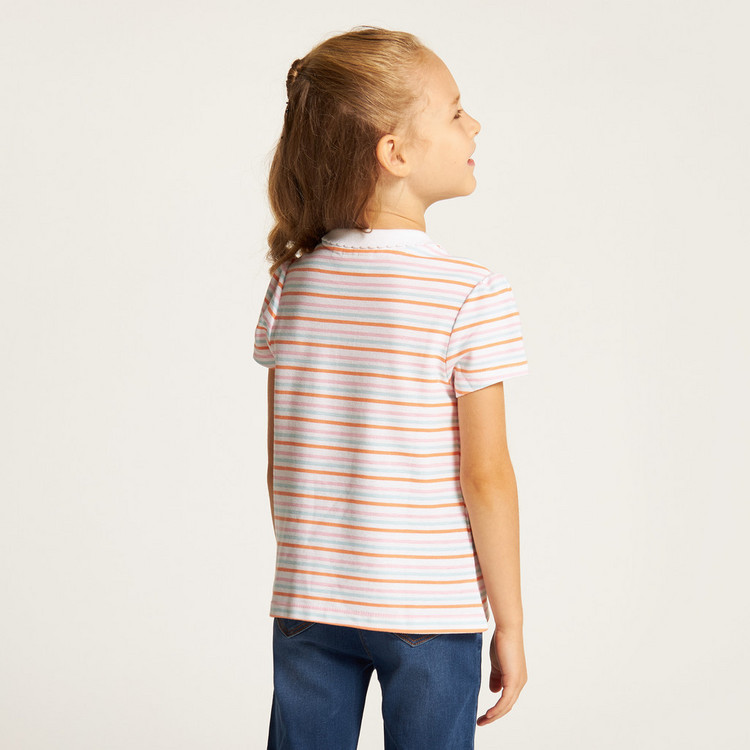 Juniors Striped Polo T-shirt with Ruffles and Short Sleeves