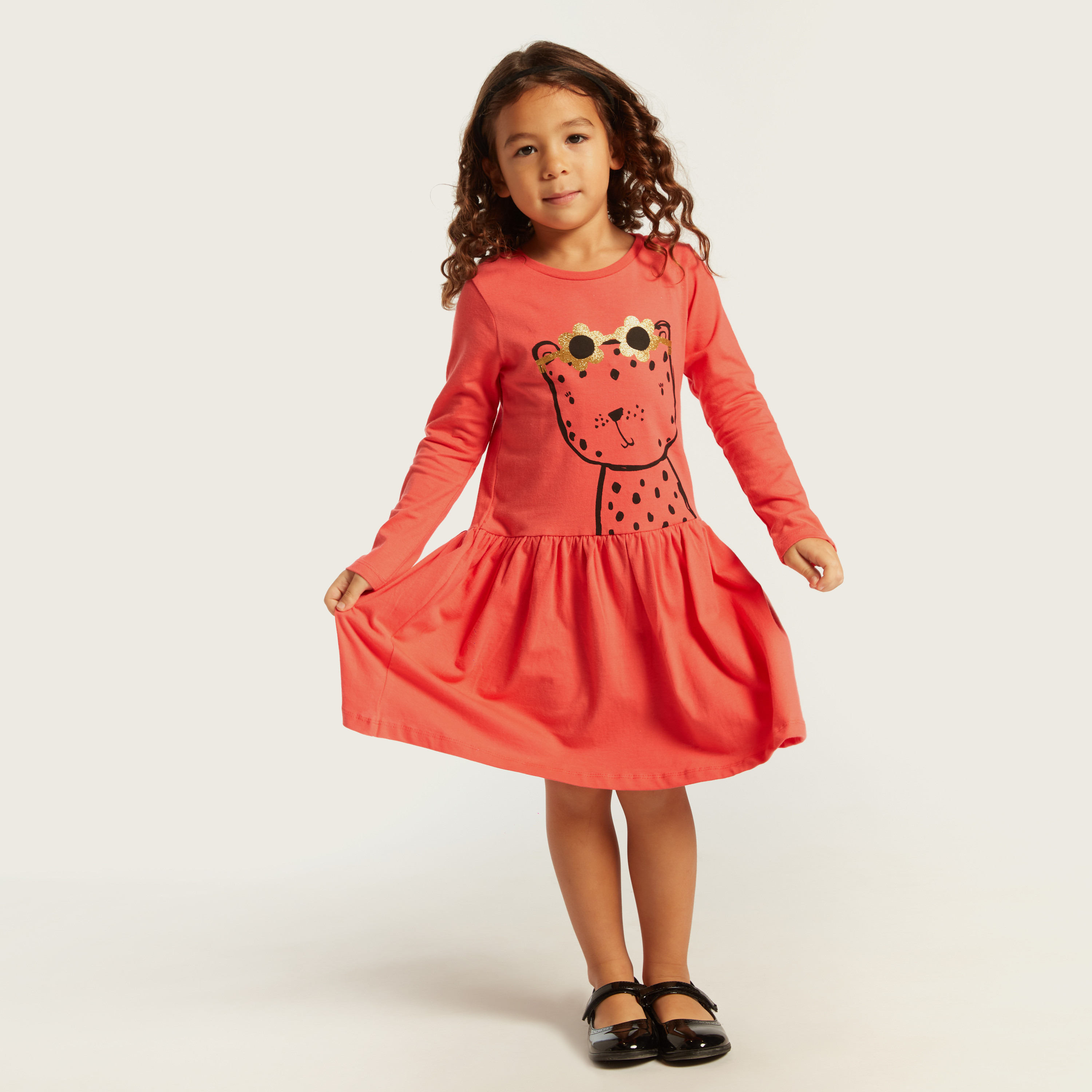فستان بأكمام طويلة وخصر منسدل وطبعات من جونيورز-girls-clothing-dressesandjumpsuits-image-2