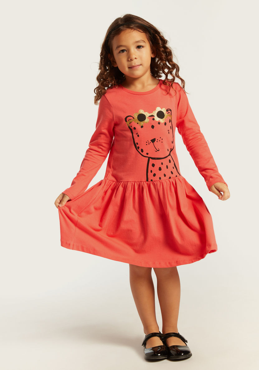 Juniors Printed Drop Waist Dress with Long Sleeves-Dresses%2C Gowns and Frocks-image-1