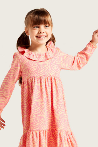 Juniors All-Over Printed Empire Dress with Long Sleeves