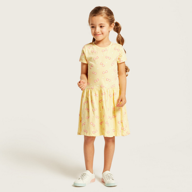 Juniors Printed Round Neck Dress with Short Sleeves