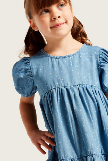 Juniors All-Over Printed Empire Dress with Short Sleeves
