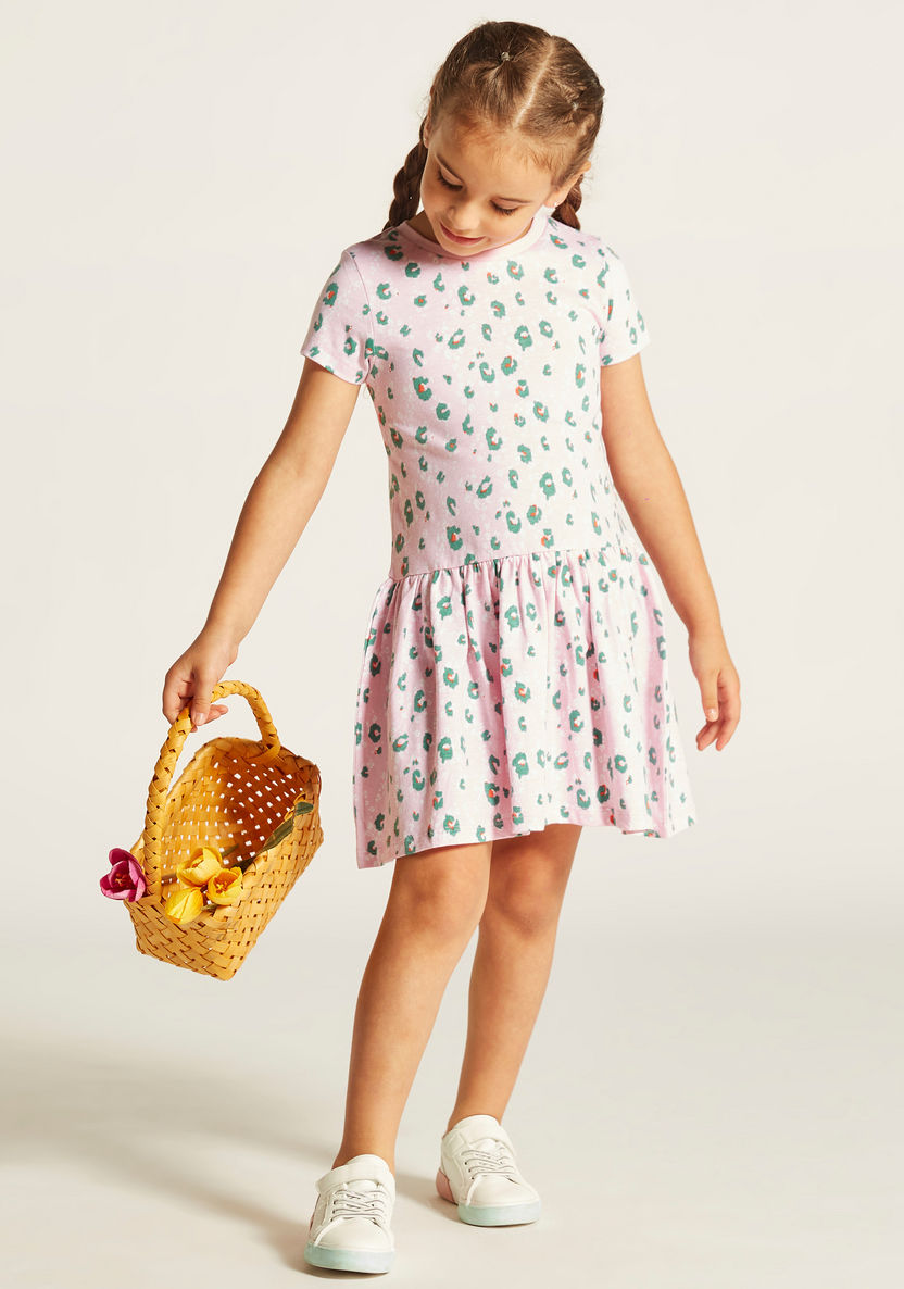 Juniors All Over Printed Dress with Round Neck and Short Sleeves-Dresses%2C Gowns and Frocks-image-0