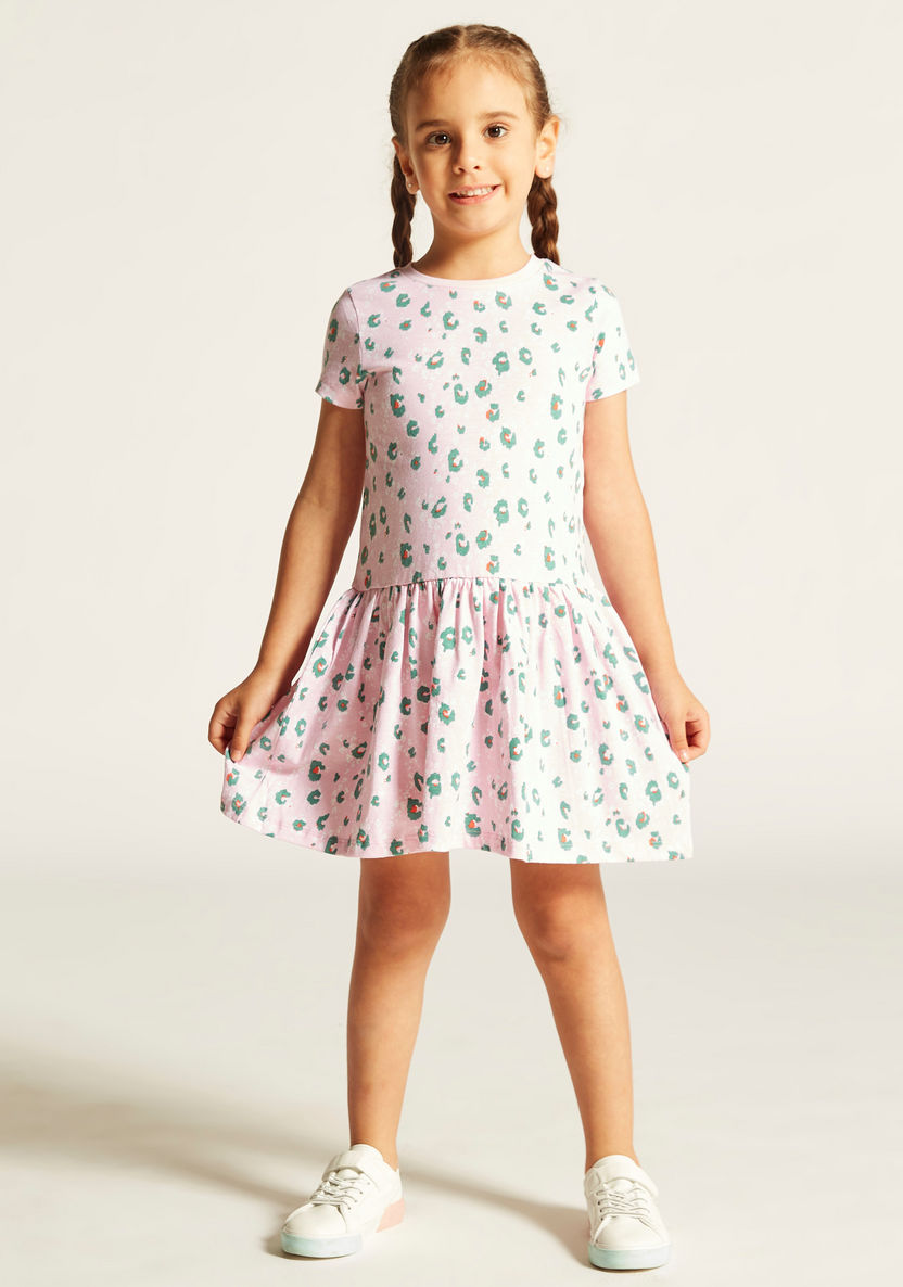 Juniors All Over Printed Dress with Round Neck and Short Sleeves-Dresses%2C Gowns and Frocks-image-1