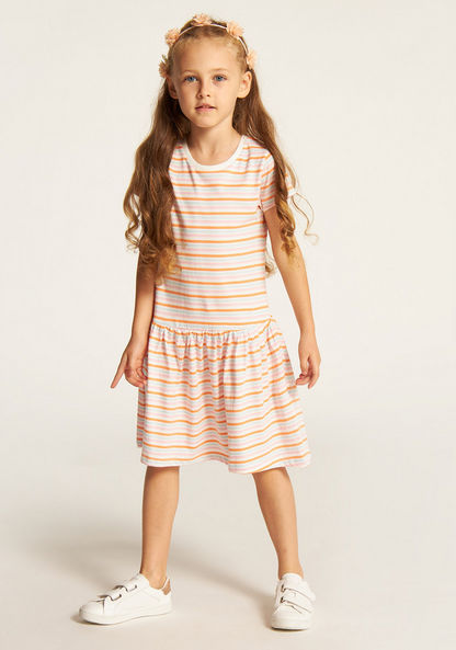 Juniors Striped Drop Waist Dress with Round Neck and Short Sleeves-Dresses%2C Gowns and Frocks-image-0
