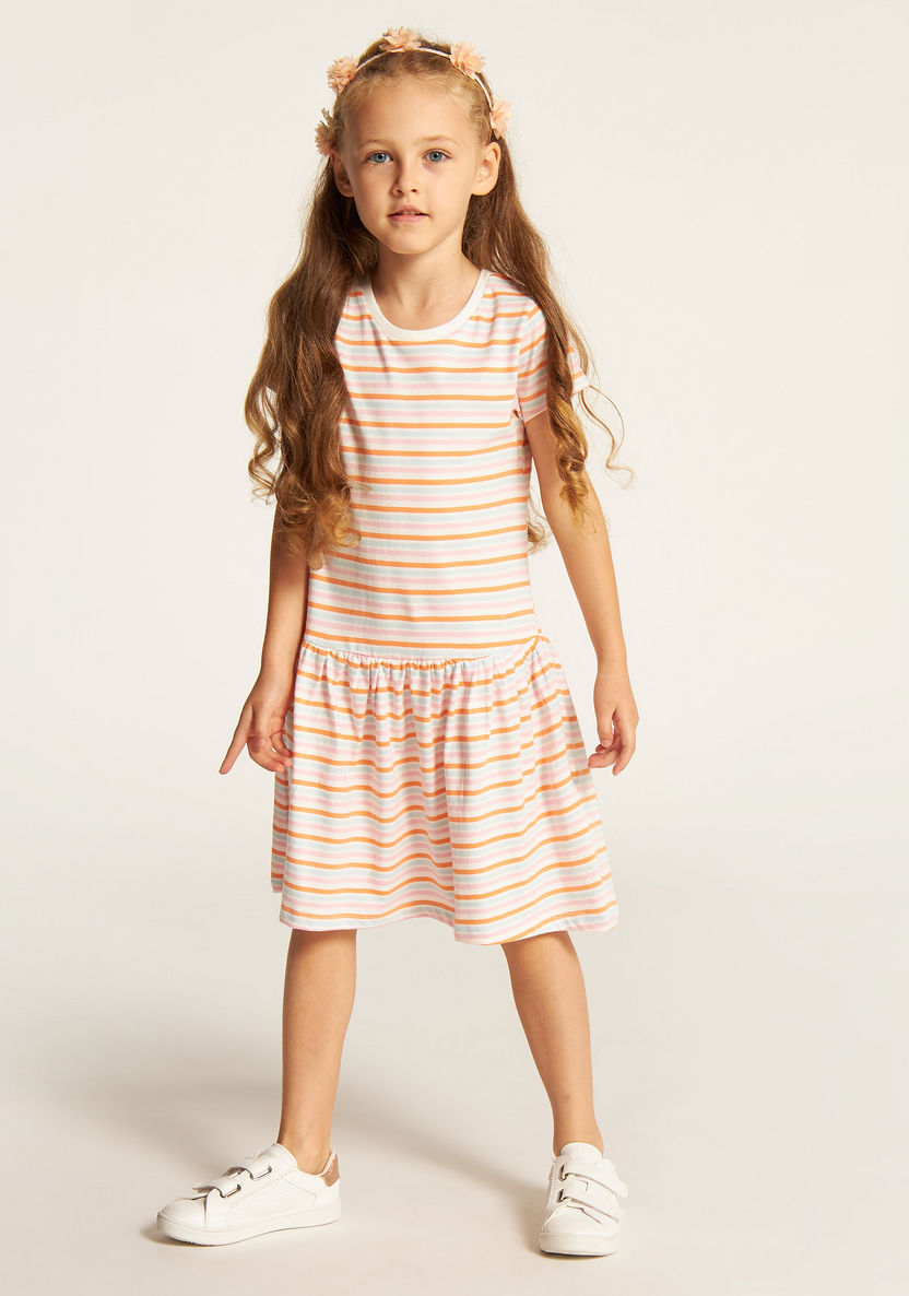 Juniors Striped Drop Waist Dress with Round Neck and Short Sleeves-Dresses, Gowns & Frocks-image-0