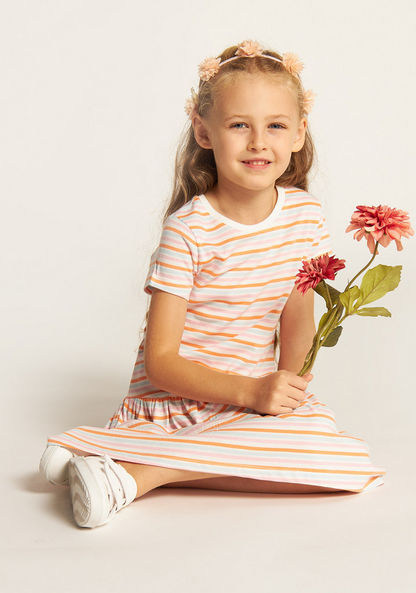 Juniors Striped Drop Waist Dress with Round Neck and Short Sleeves-Dresses%2C Gowns and Frocks-image-1