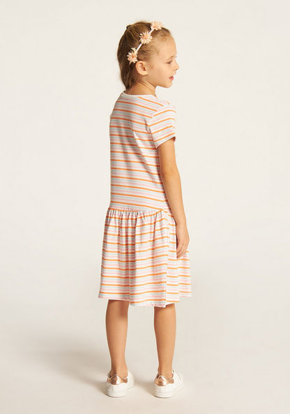 Juniors Striped Drop Waist Dress with Round Neck and Short Sleeves-Dresses%2C Gowns and Frocks-image-3