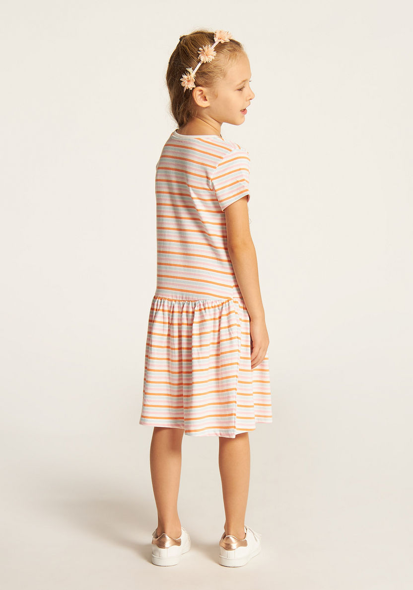 Juniors Striped Drop Waist Dress with Round Neck and Short Sleeves-Dresses, Gowns & Frocks-image-3