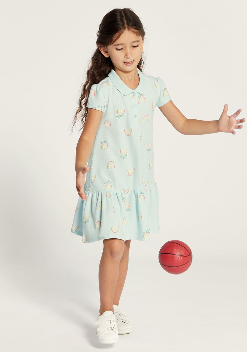 Juniors Printed Polo Dress with Cap Sleeves and Button Closure-Dresses%2C Gowns and Frocks-image-0