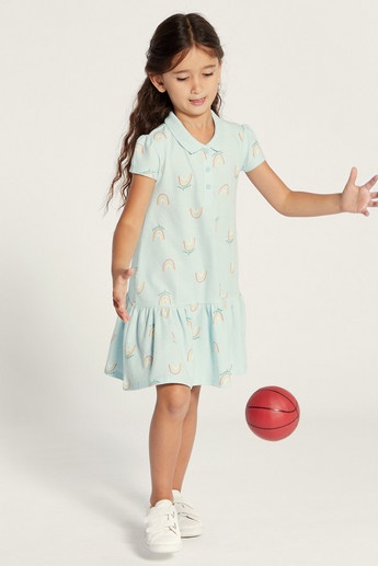 Juniors Printed Polo Dress with Cap Sleeves and Button Closure