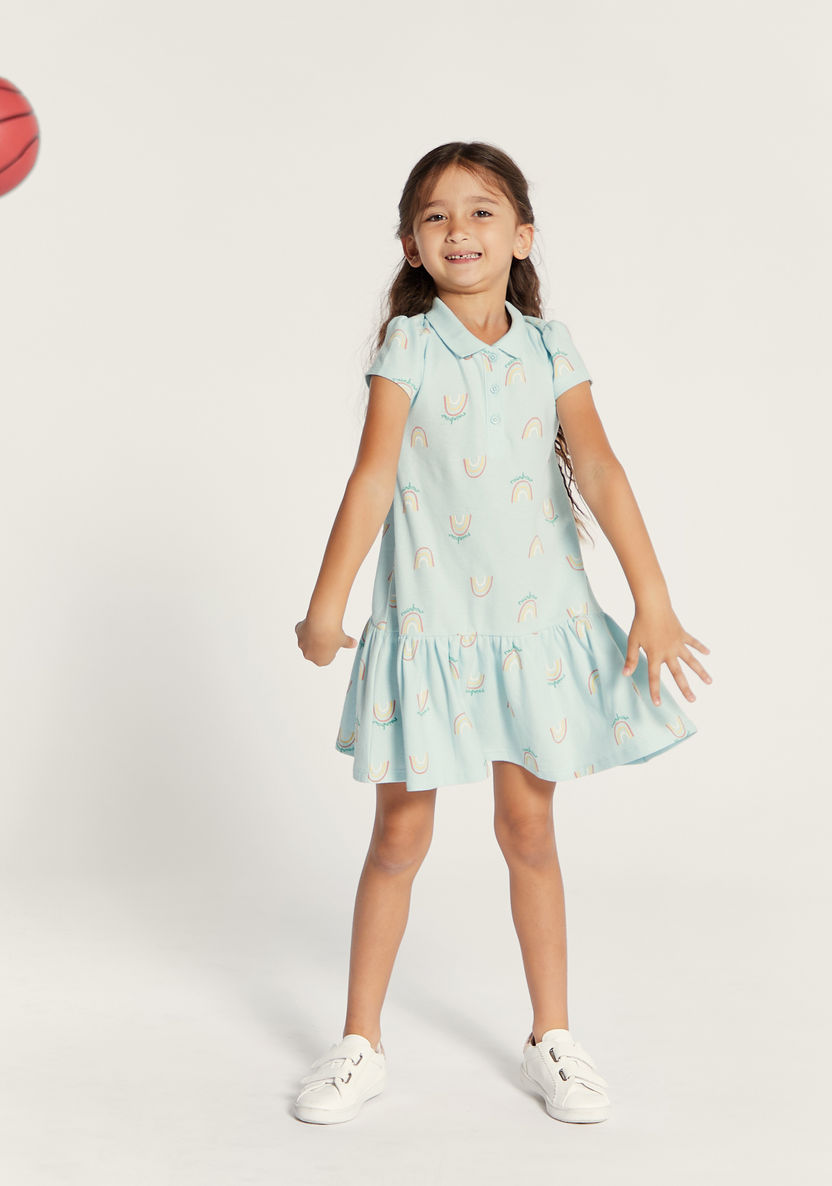 Juniors Printed Polo Dress with Cap Sleeves and Button Closure-Dresses%2C Gowns and Frocks-image-1