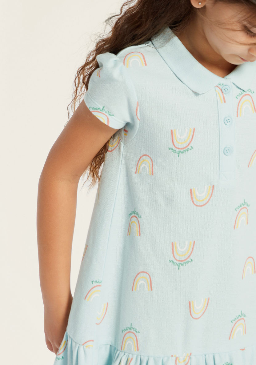Juniors Printed Polo Dress with Cap Sleeves and Button Closure-Dresses%2C Gowns and Frocks-image-2