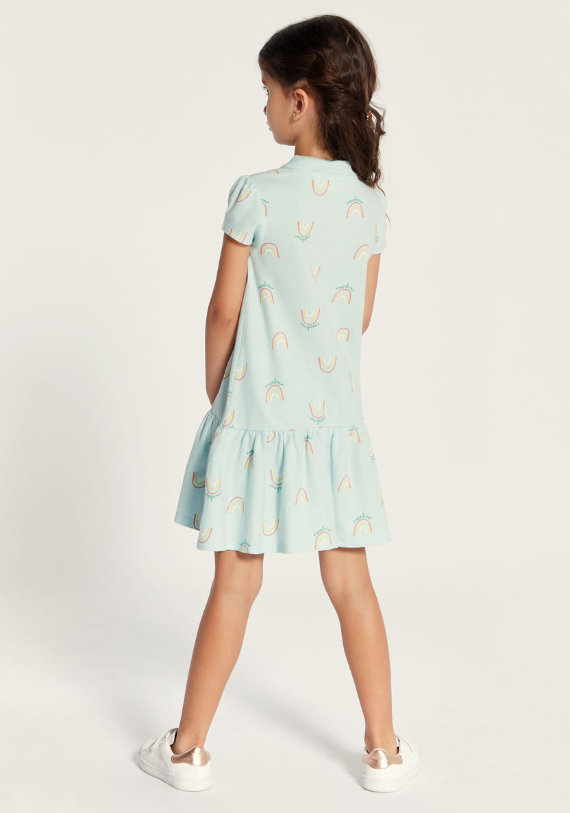 Juniors Printed Polo Dress with Cap Sleeves and Button Closure-Dresses%2C Gowns and Frocks-image-3