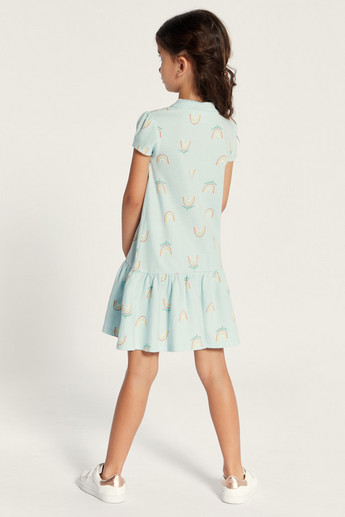 Juniors Printed Polo Dress with Cap Sleeves and Button Closure