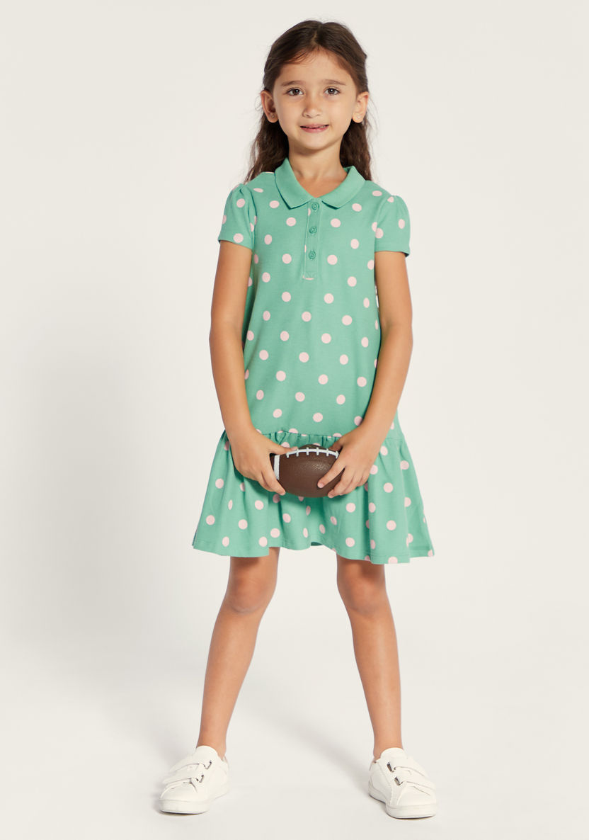 Juniors Polka Dot Print Polo Dress with Short Sleeves-Dresses%2C Gowns and Frocks-image-0