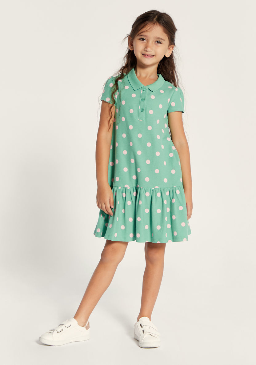 Juniors Polka Dot Print Polo Dress with Short Sleeves-Dresses%2C Gowns and Frocks-image-1