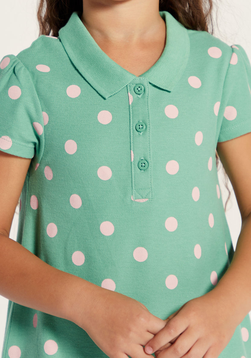 Juniors Polka Dot Print Polo Dress with Short Sleeves-Dresses%2C Gowns and Frocks-image-2