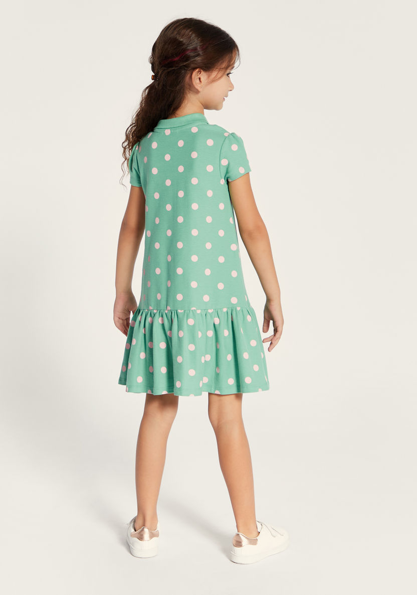 Juniors Polka Dot Print Polo Dress with Short Sleeves-Dresses%2C Gowns and Frocks-image-3