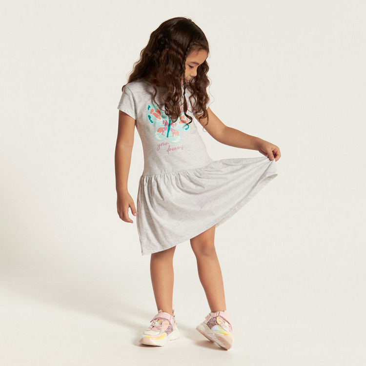 Juniors Printed Dress with Round Neck and Short Sleeves