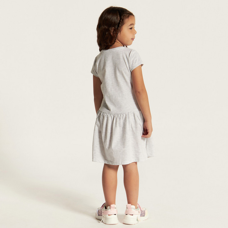 Juniors Printed Dress with Round Neck and Short Sleeves