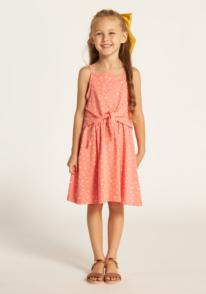 Juniors Heart Print Sleeveless Dress with Waist Tie-Up Belt-Dresses%2C Gowns and Frocks-image-1