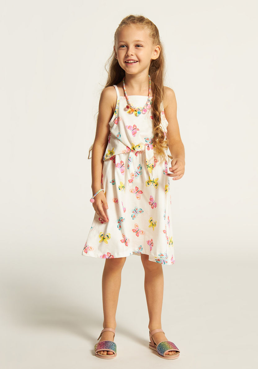 Juniors Butterfly Print Sleeveless Dress with Waist Tie-Up Belt-Dresses%2C Gowns and Frocks-image-0